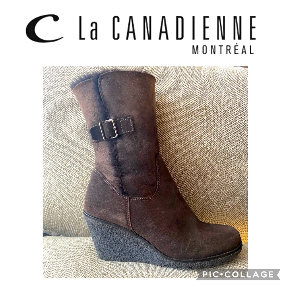 La Canadienne Brown Suede Waterproof Platform Heel Winter Fur Lined Boot. Sz. 9M